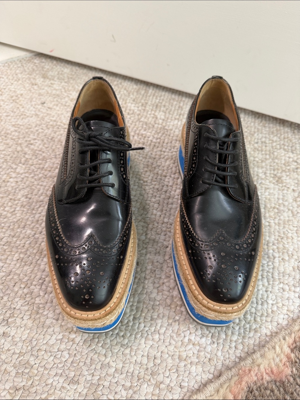 Prada Black Wingtip Lace-Up Brogues with Tan and Blue platform Sole